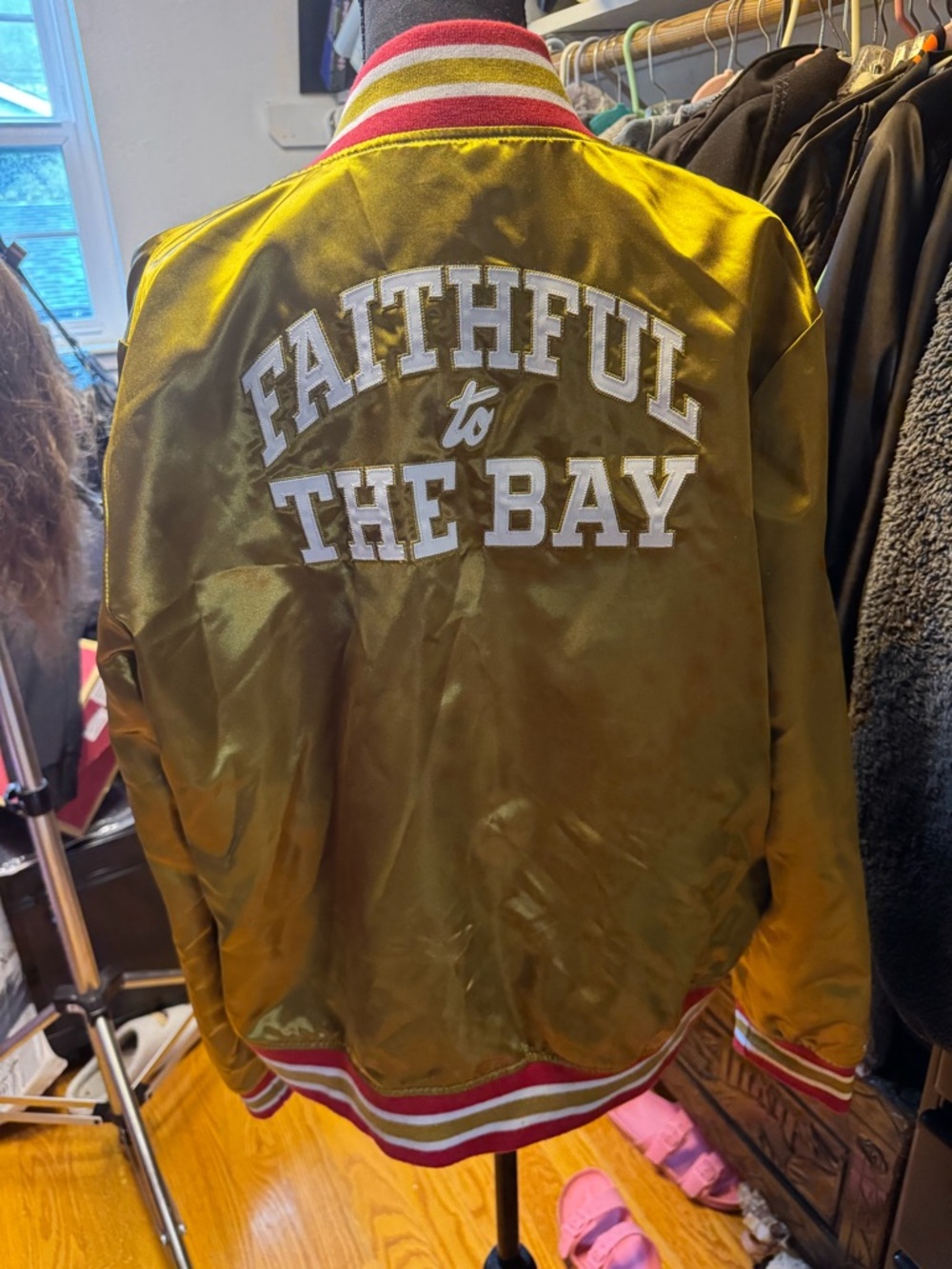 Mitchell & Ness 49ERS Gold Satin Varsity Jacket with Red-White Trim - Picture 2 of 2